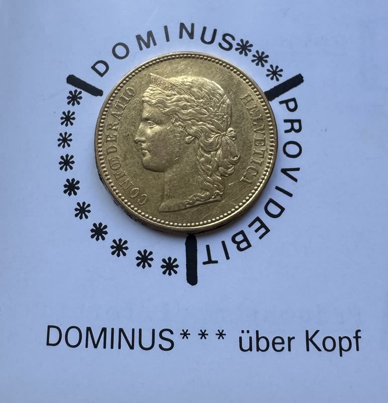 Vorderseite: 20 Franken Gold, Randschrift-Abart «DOMINUS über Kopf»